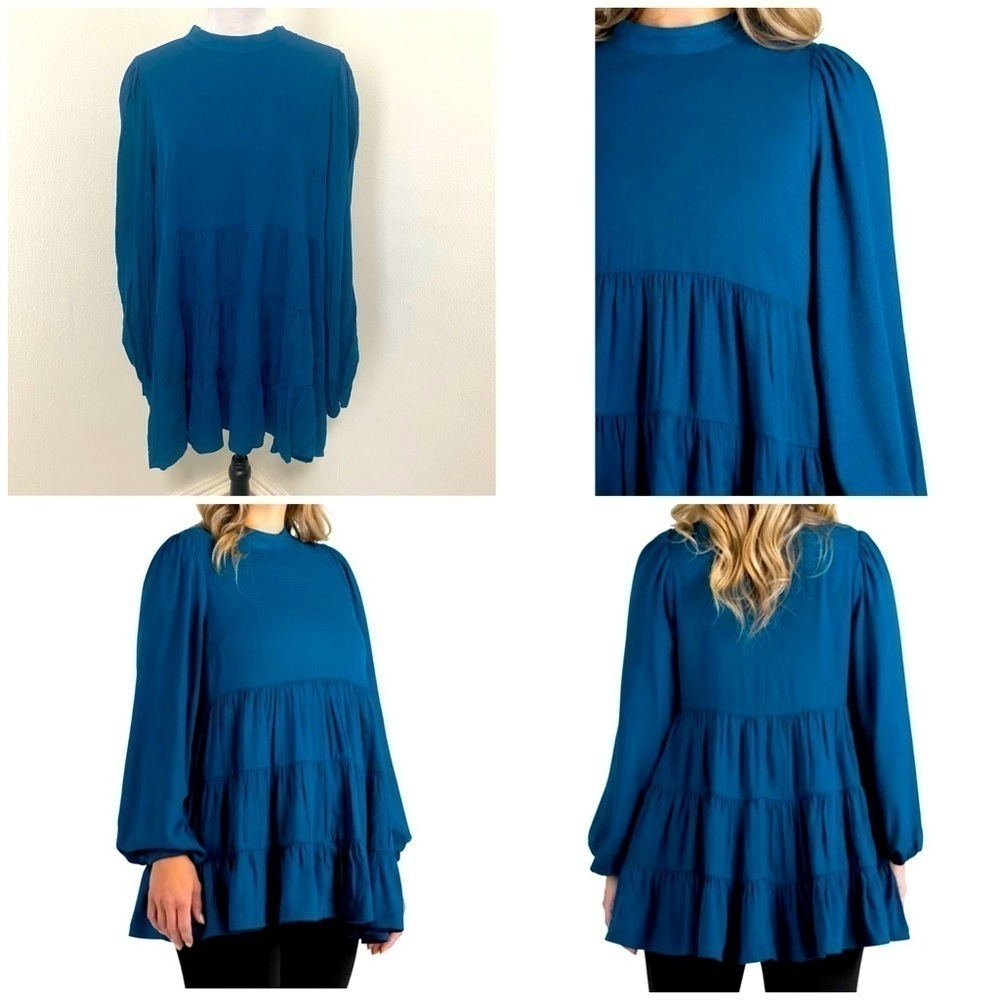 Destination Maternity Women's Maternity Mock Neck Blouse, Blue Lagoon Size XXL